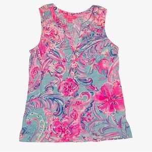 Lilly Pulitzer Essie Tank Top Pink Blue Floral Print Size X-small